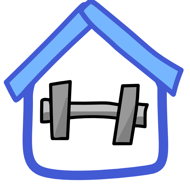 A grey dumbbell sits inside a blue house-shaped frame with thick roof. The image has dark line art.